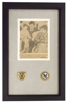 Babe Ruth Signed Vintage Newspaper Clipping Framed With WS Pins (Signature Graded PSA 9)